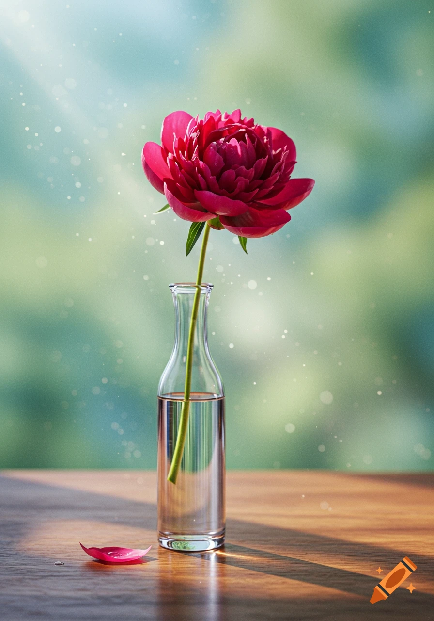A vibrant pink peony in a slender glass vase on a sunlit wooden table, with a blurred green background.
