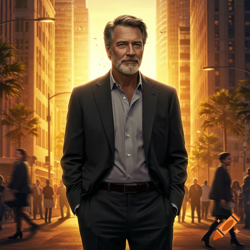 A distinguished man with gray hair and a beard stands confidently in a dark suit, set against a golden hour cityscape with palm trees.
