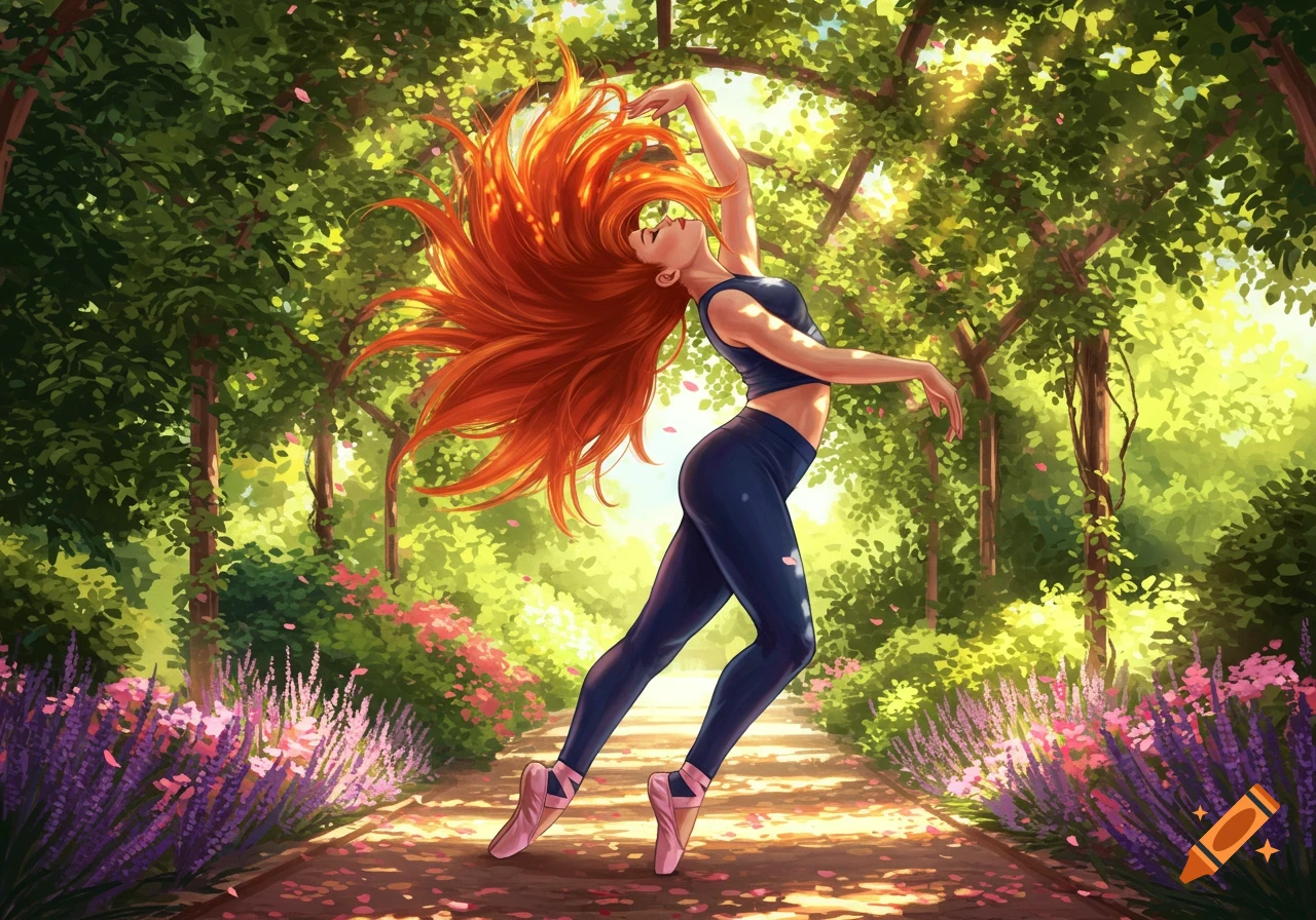 An illustration of a red-haired woman in athletic wear and ballet flats dancing gracefully in a sunlit garden.