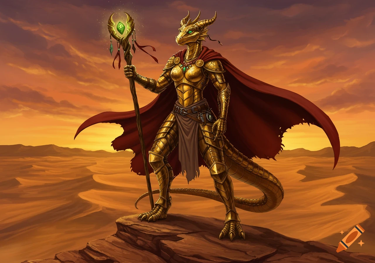 A golden armored female dragonborn with a red cape stands on a rocky outcrop in a desert at sunset, holding a glowing staff.