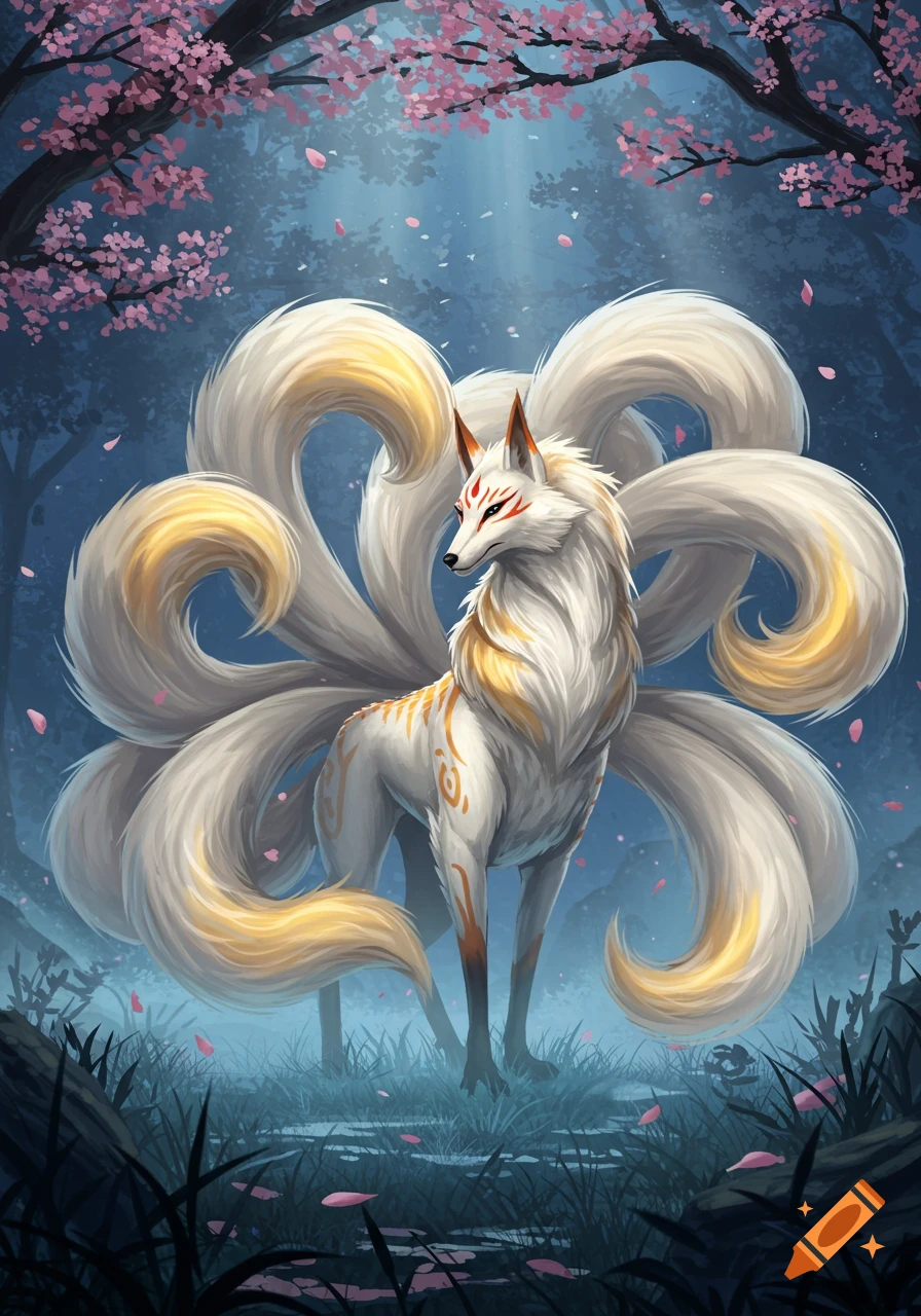 A majestic white kitsune with nine golden-tipped tails and red facial markings stands in a mystical forest with pink cherry blossoms.