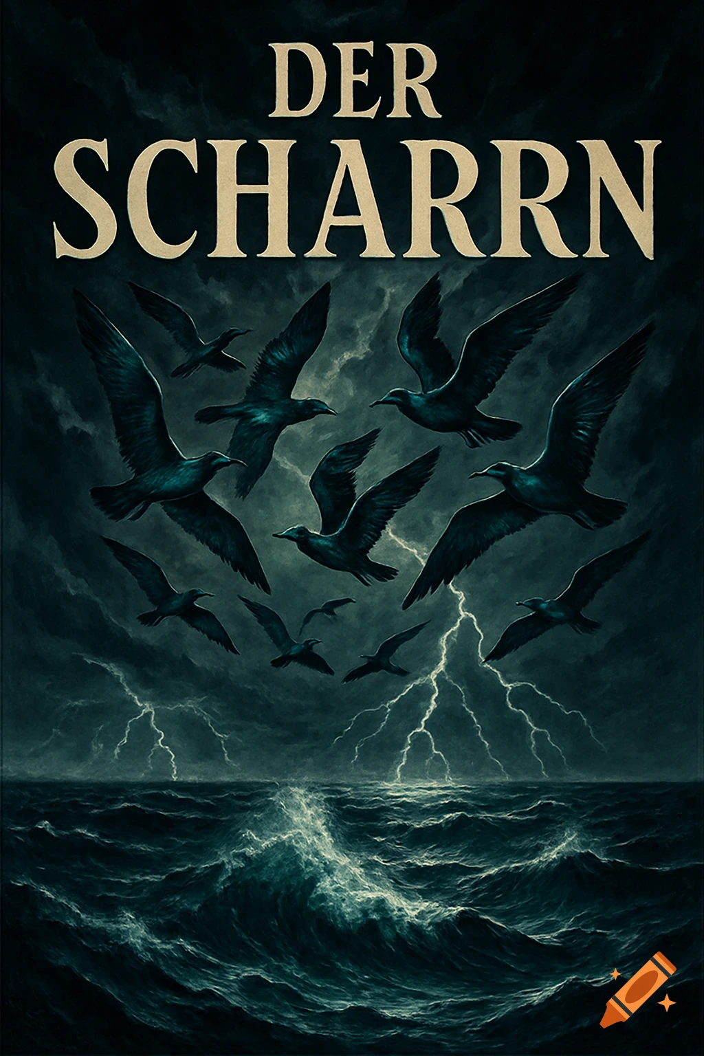 A dark, stormy sea with crashing waves and lightning. A flock of dark birds flies above, with 'DER SCHARRN' text.