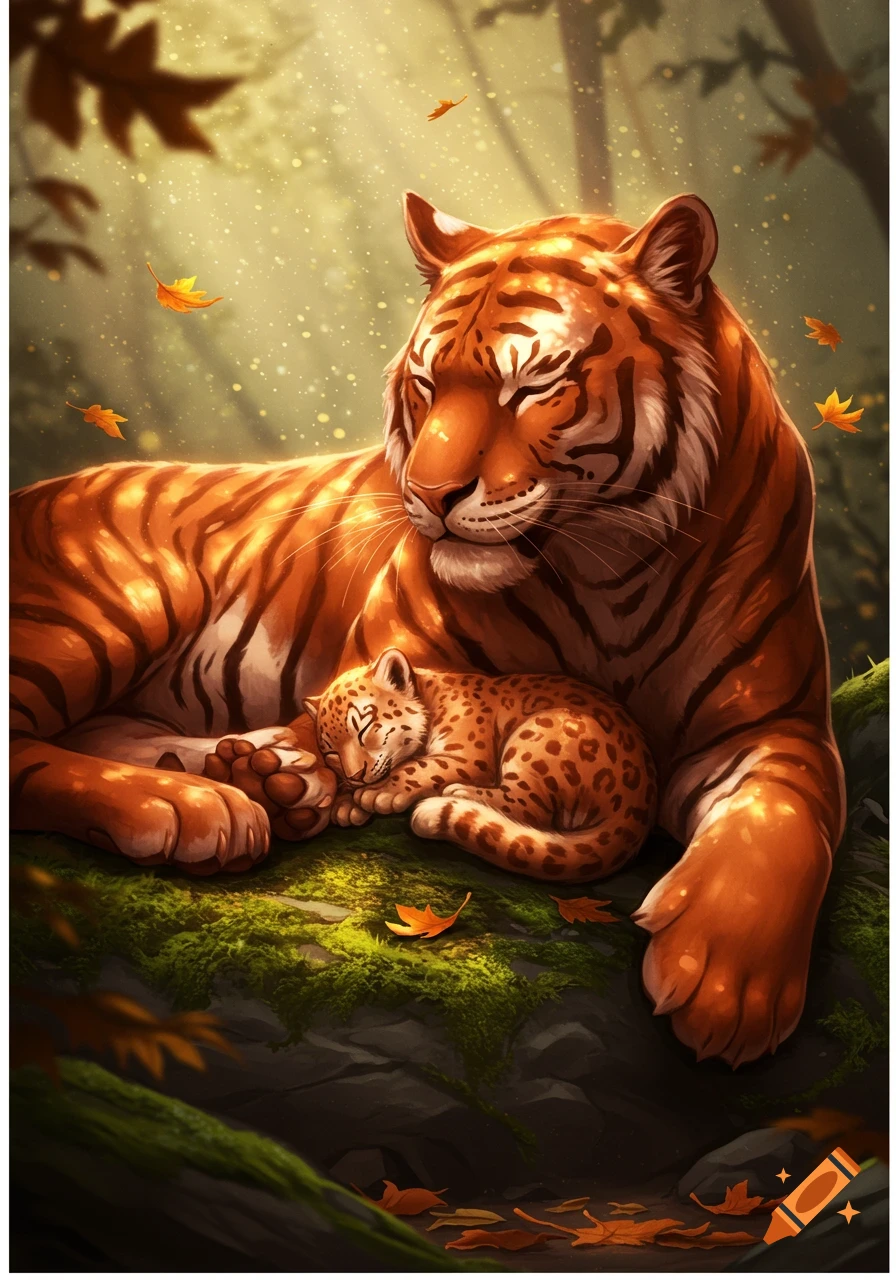 A stylized illustration of a large orange tiger sleeping with a small spotted leopard cub nestled close on a mossy rock in a forest.