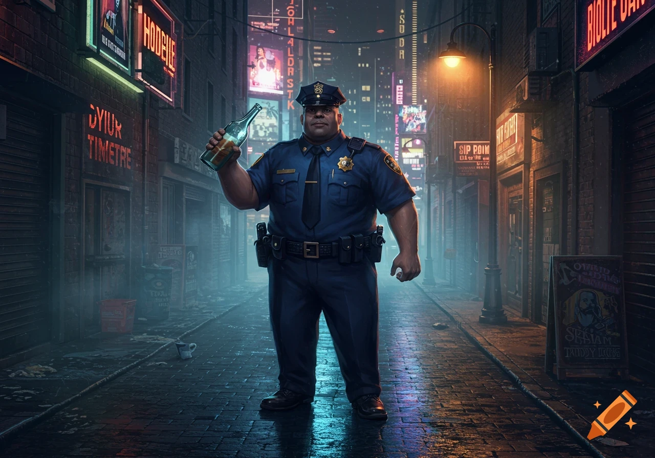 A portly police officer stands in a dark, neon-lit city alley at night, holding a bottle.