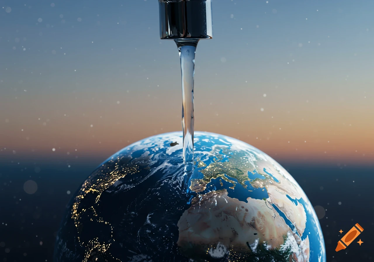 A chrome faucet pours a stream of water onto a globe of Earth, with city lights visible on the dark side, against a twilight sky.
