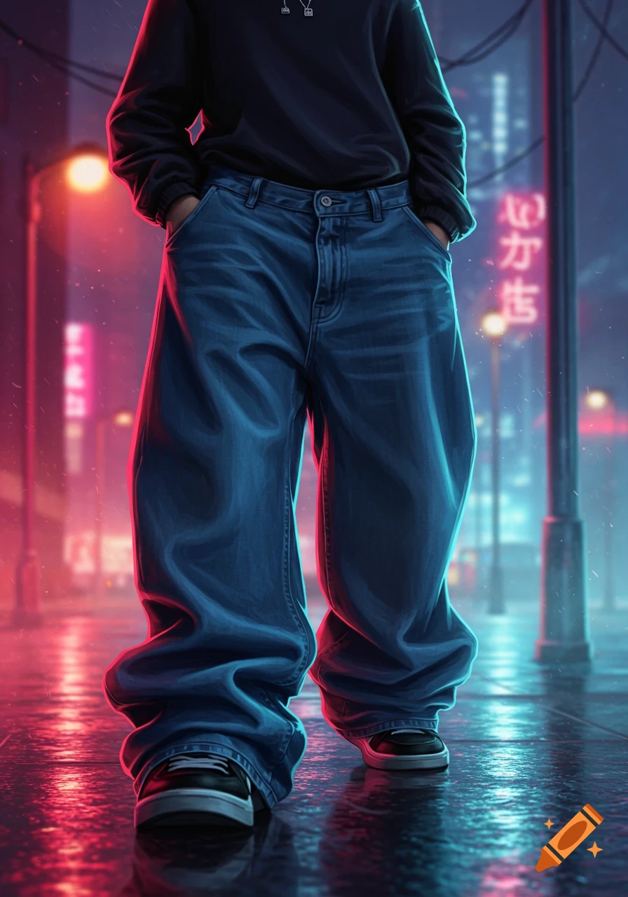 Person in baggy blue jeans and sneakers stands on a wet street reflecting neon city lights, digital art style.