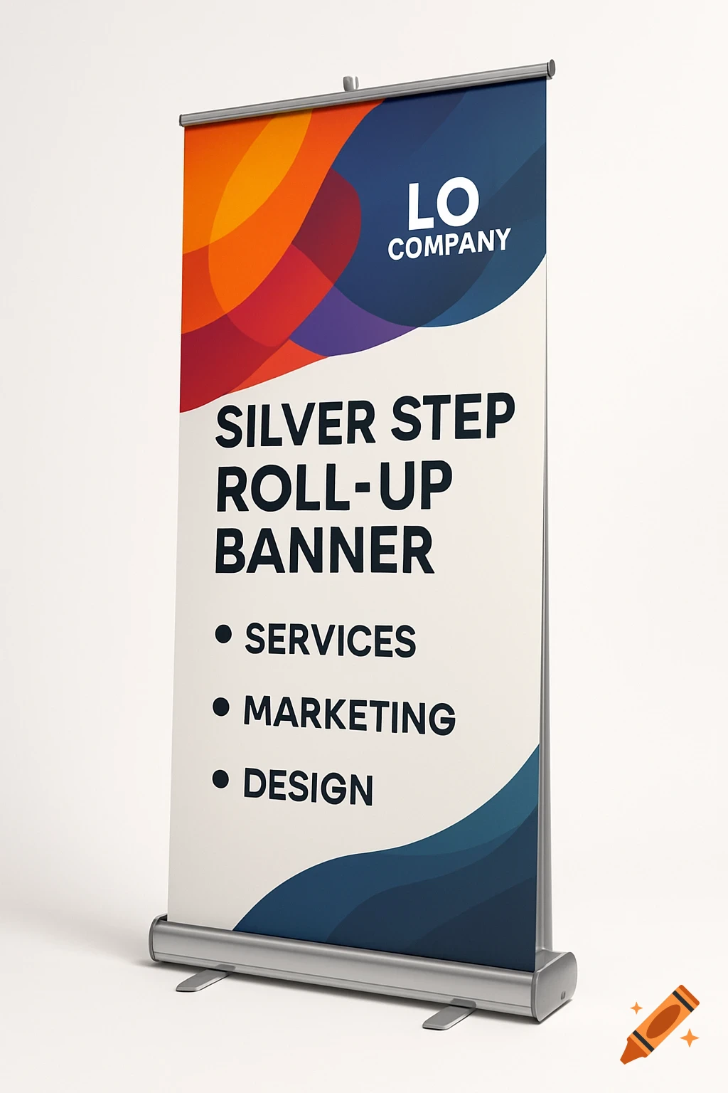 A silver roll-up banner display with a colorful abstract design and text like "LO COMPANY" and "SILVER STEP ROLL-UP BANNER".