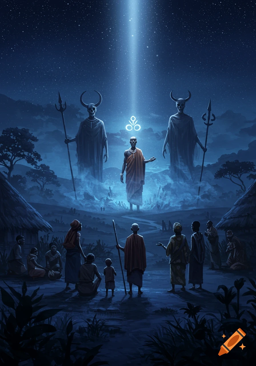 A dark fantasy scene. A central figure stands under a bright beam of light and a glowing symbol, flanked by two towering horned, skeletal figures. A group of villagers observes from the foreground under a starry night sky.