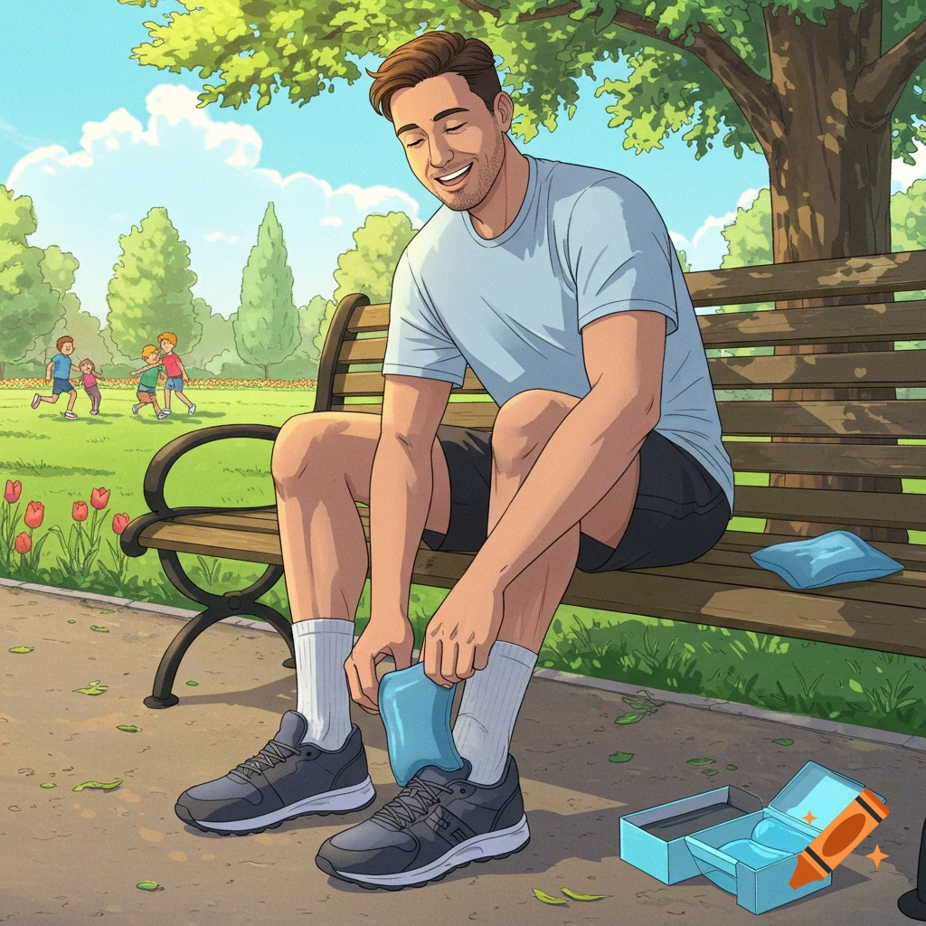 A smiling man sits on a park bench, putting a blue air pillow insert into his running shoe. Children play in the sunny background.