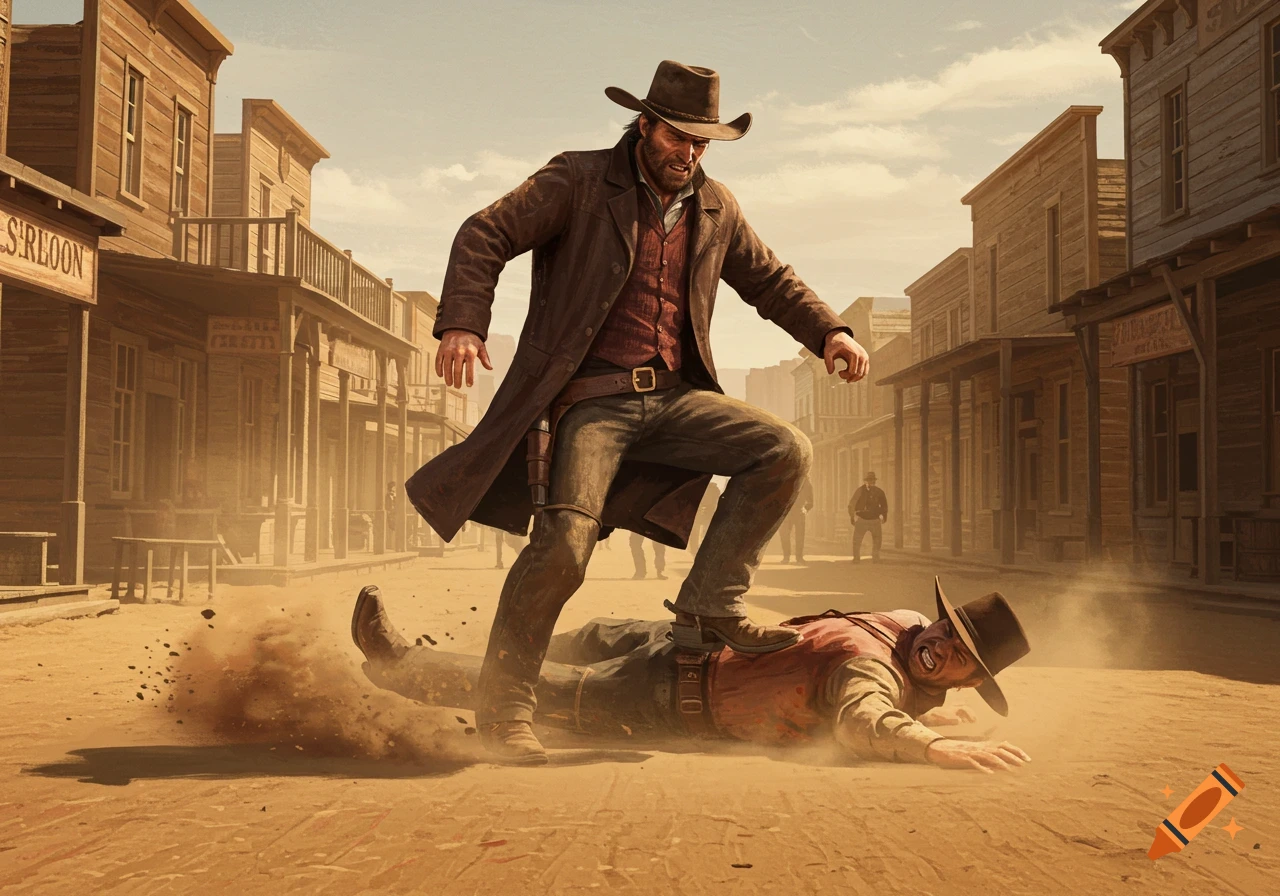 A cowboy in a duster coat steps on another cowboy lying in the dusty street of a Western town under a clear sky.