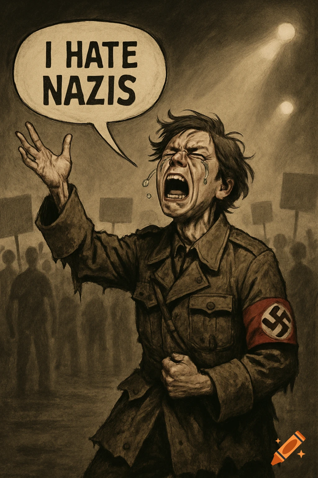 A man in a tattered Nazi uniform with a swastika armband weeps and yells 'I HATE NAZIS' in a sepia-toned political cartoon.