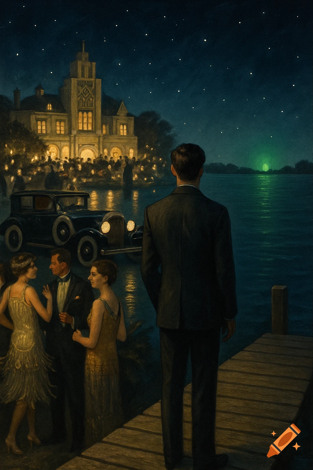 Painterly scene of a man on a dock looking at a green light across a lake, with a 1920s mansion party in the background.