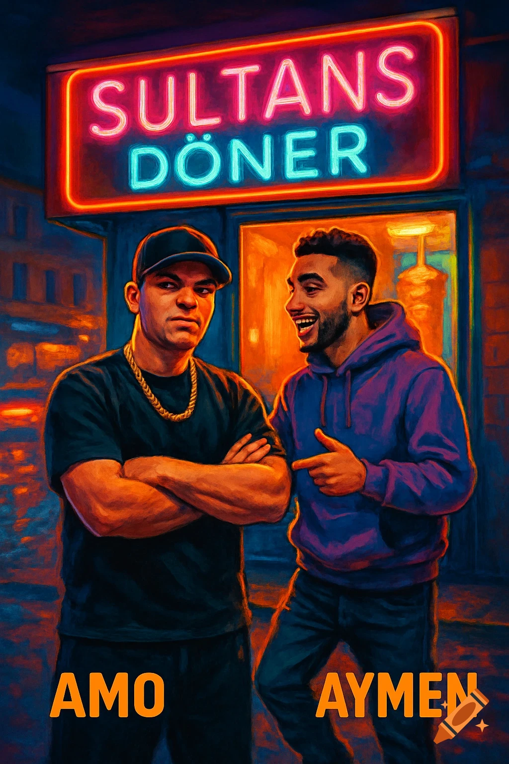 Two men, Amo and Aymen, stand in a vibrant digital painting style in front of a neon sign for Sultans Döner at night.