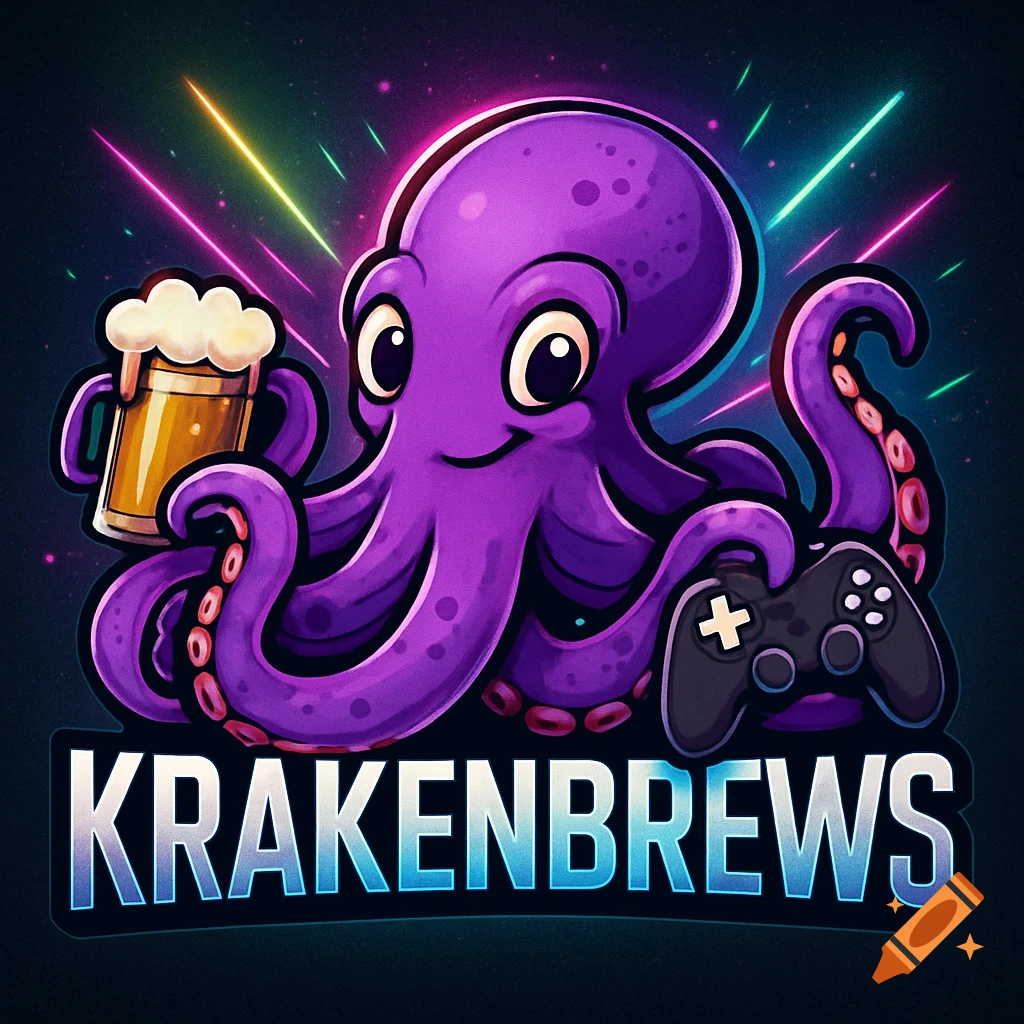 Purple cartoon octopus holding a beer and a game controller, with neon lights in the background and 'KRAKENBREWS' text. Digital art logo.