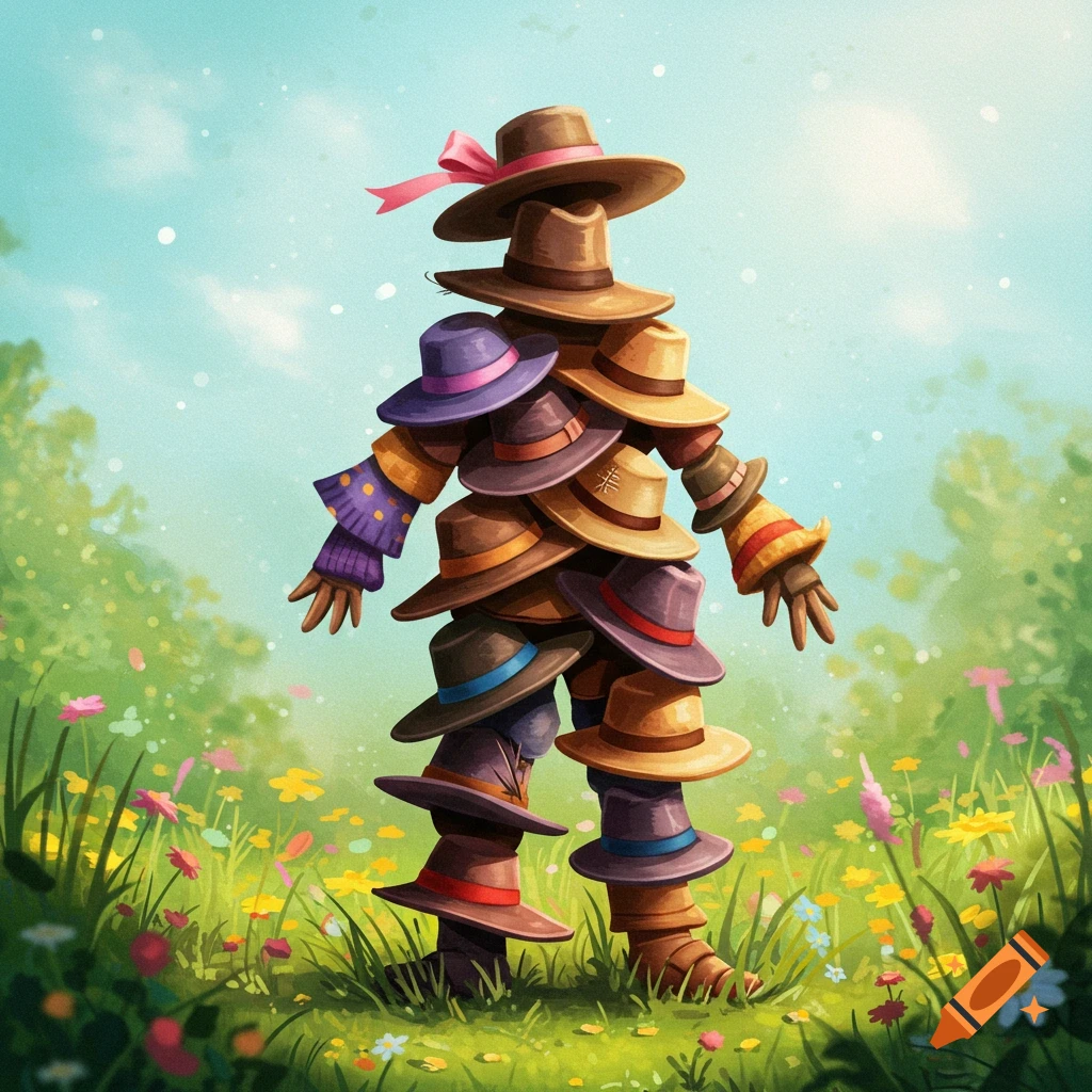 A whimsical illustration of a person-like figure made of stacked, colorful hats walking in a grassy field.