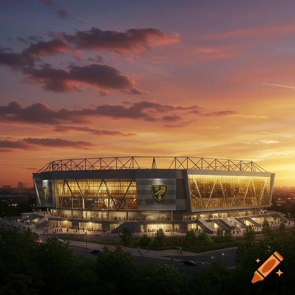 Modern Carrow Road stadium at sunset with a yellow and green logo, vibrant orange and purple clouds.