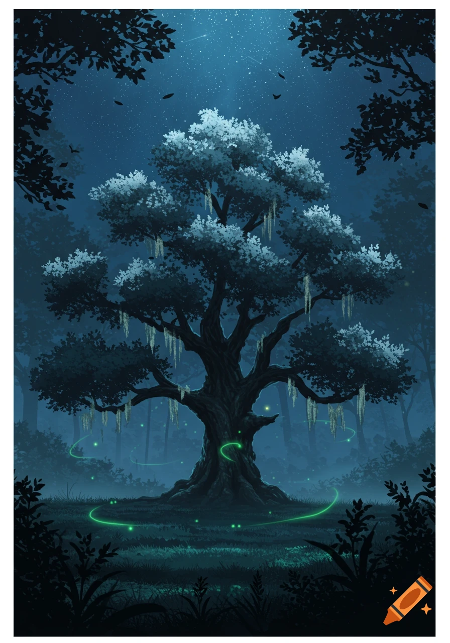 A majestic, gnarled tree in a dark, mystical forest at night, illuminated by green glowing wisps under a starry sky.