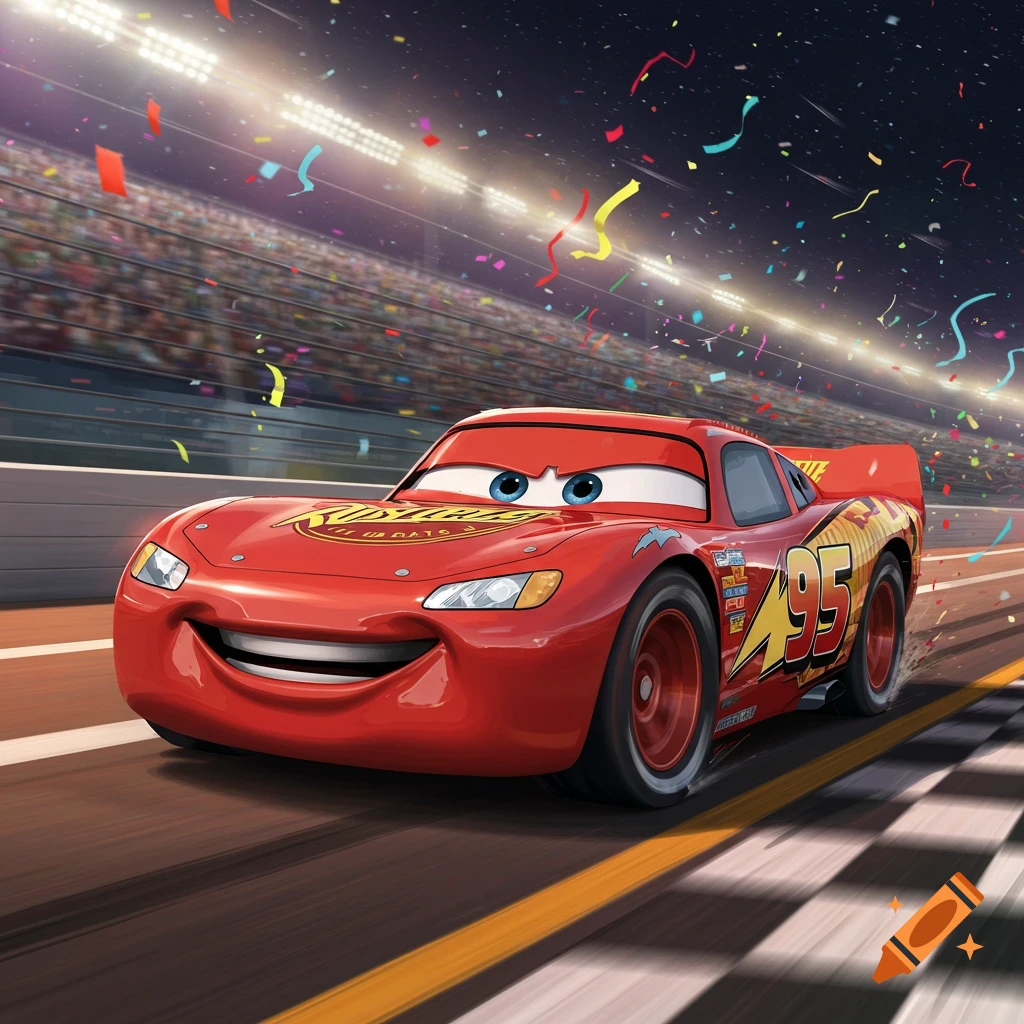 Lightning McQueen smiling at the finish line of a race track, with stadium lights and confetti falling around him.