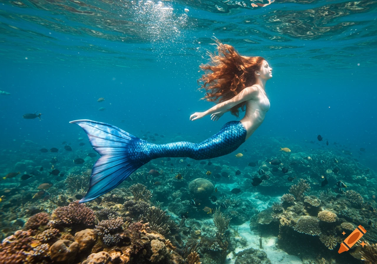 A red-haired mermaid with a blue-green tail swims gracefully underwater among coral and tropical fish.