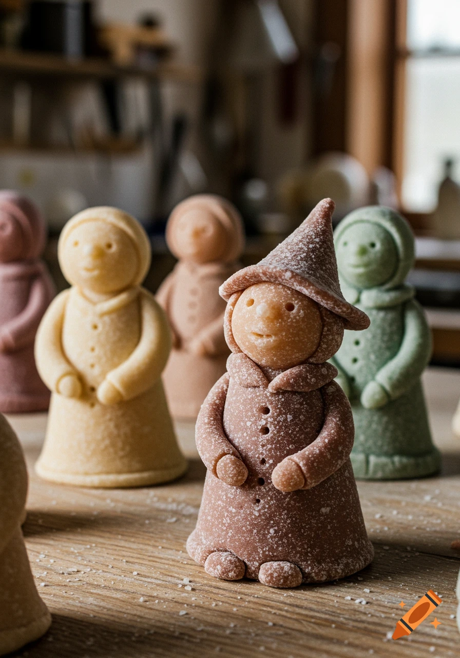 A close-up shot of several handcrafted salt dough figurines on a wooden table, with one brown-colored figure in a pointy hat in the foreground.