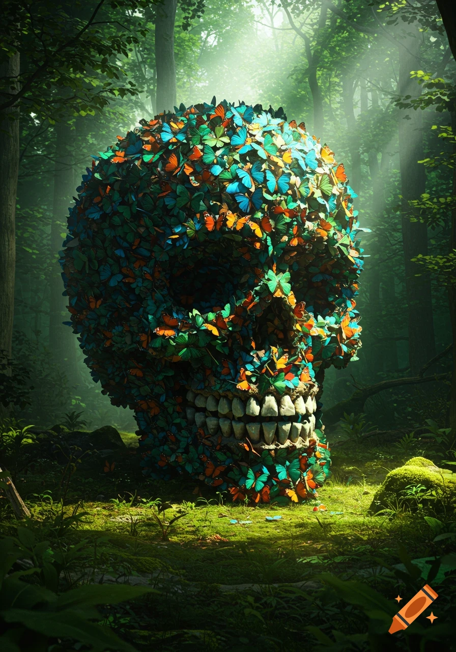 A photorealistic skull formed from countless vibrant butterflies sits on a mossy forest floor, with sunlight filtering through trees.