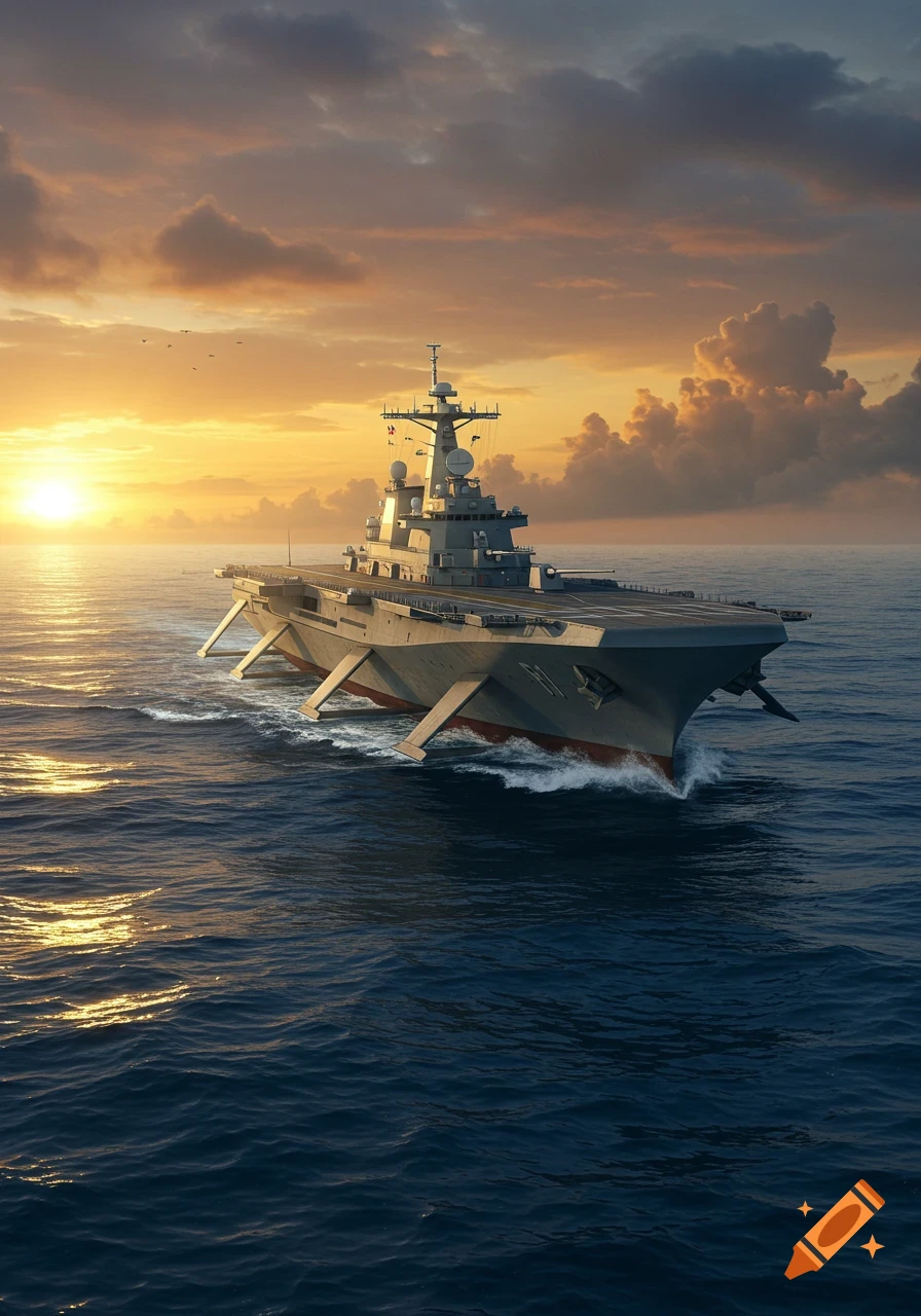 A large grey military ship with visible stabilization fins navigates on the ocean under a vibrant sunset sky.