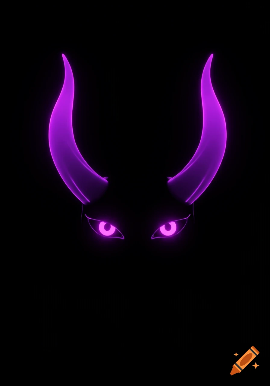 Glowing purple devil horns and eyes against a black background.