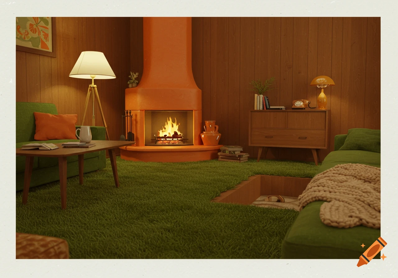 A retro 70s living room with a green shag carpet, an orange fireplace, and a sunken area, in the style of a Polaroid photograph.