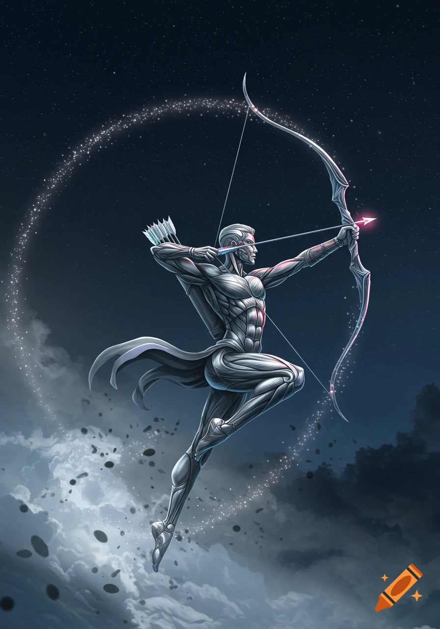 A highly stylized, muscular silver archer with an intricate bow, poised in mid-air against a starry night sky with cosmic clouds.