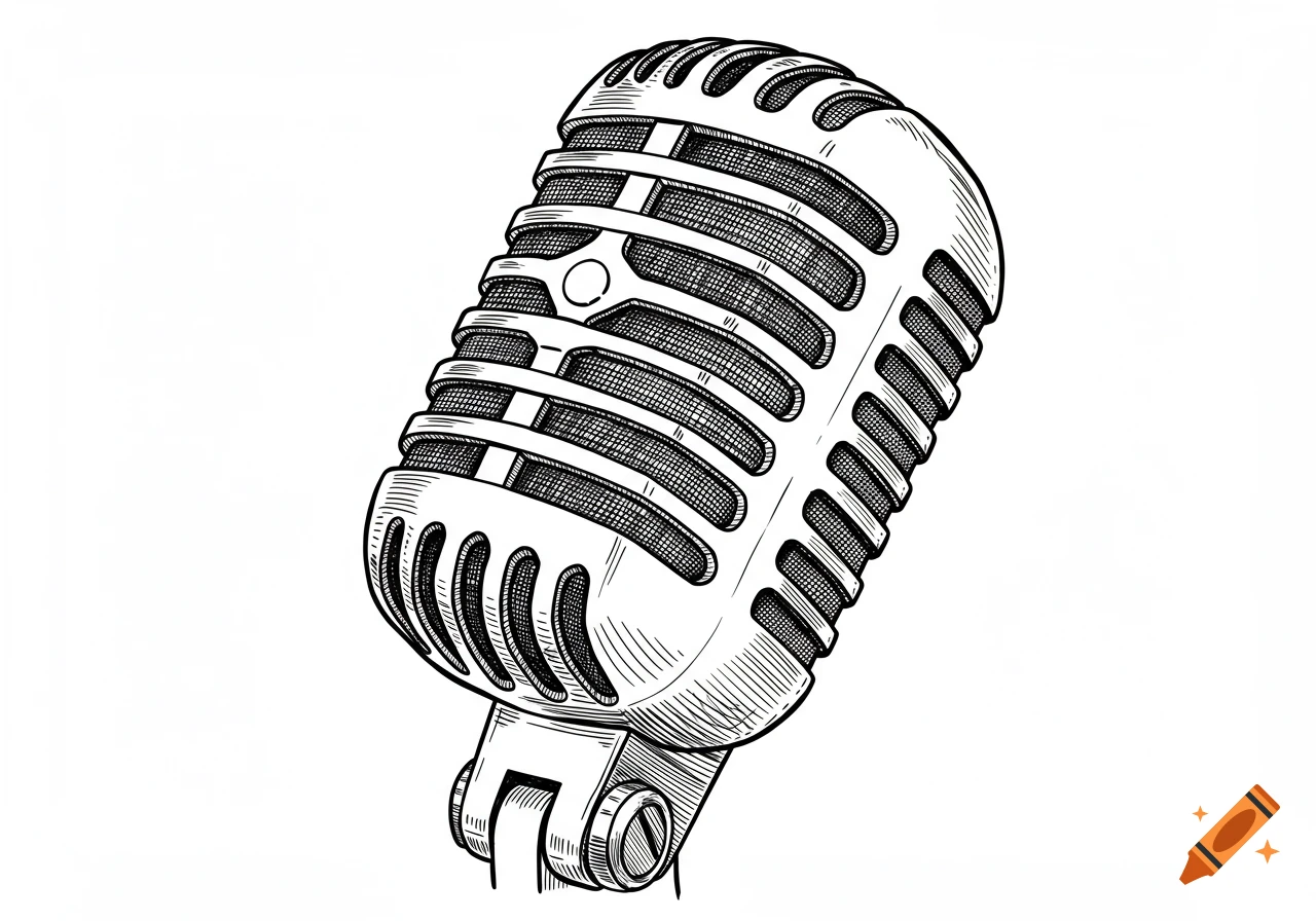 A black and white line drawing of an old-school microphone with a mesh grill and a sturdy base, on a white background.