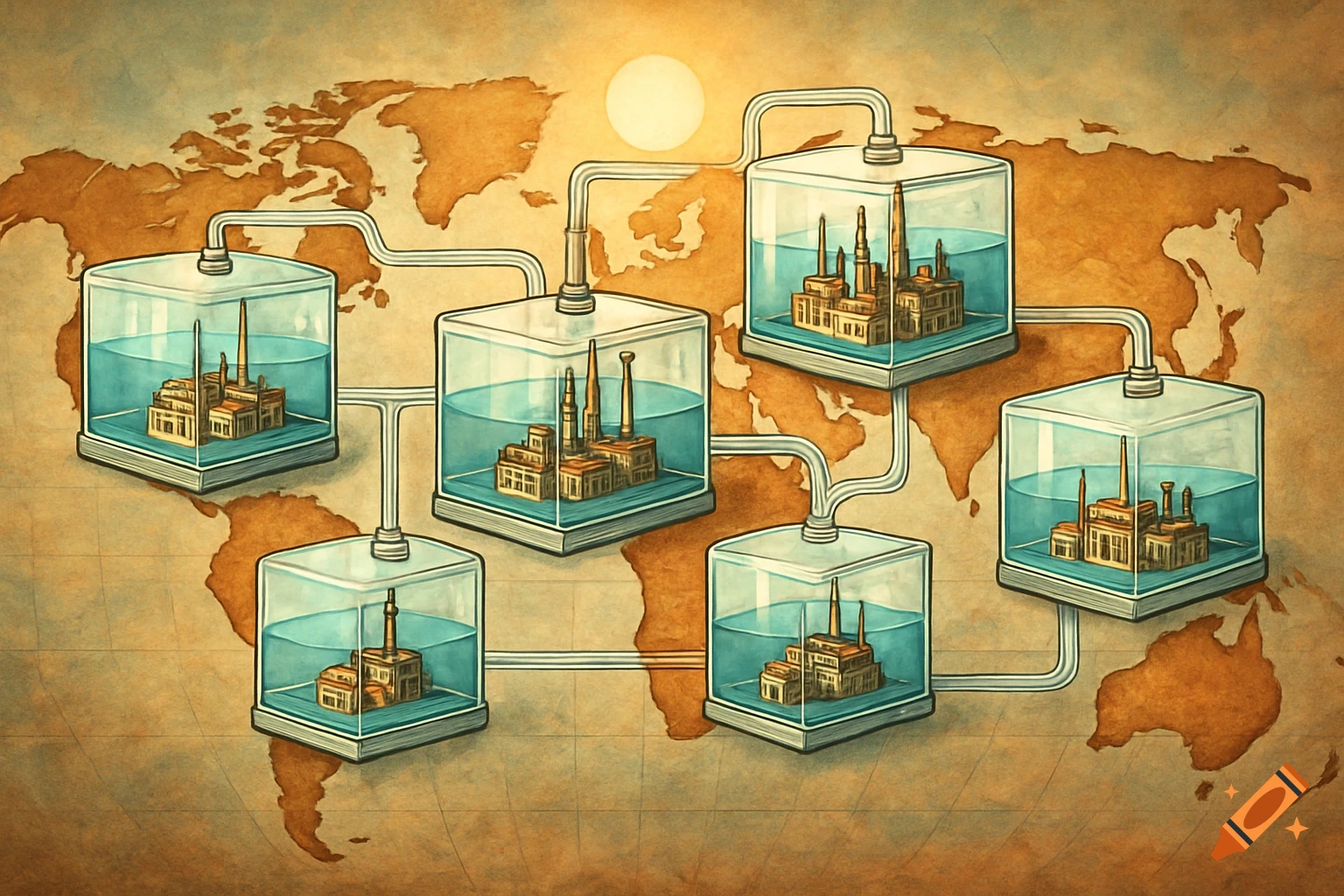 An illustration of a vintage world map featuring six aquariums, each containing a factory, connected by a network of pipes.