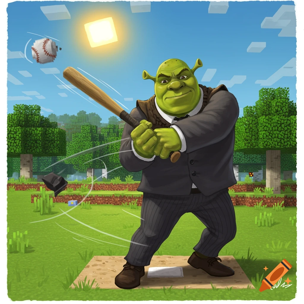 Shrek in a suit batting a pixelated baseball in a sunny Minecraft field.