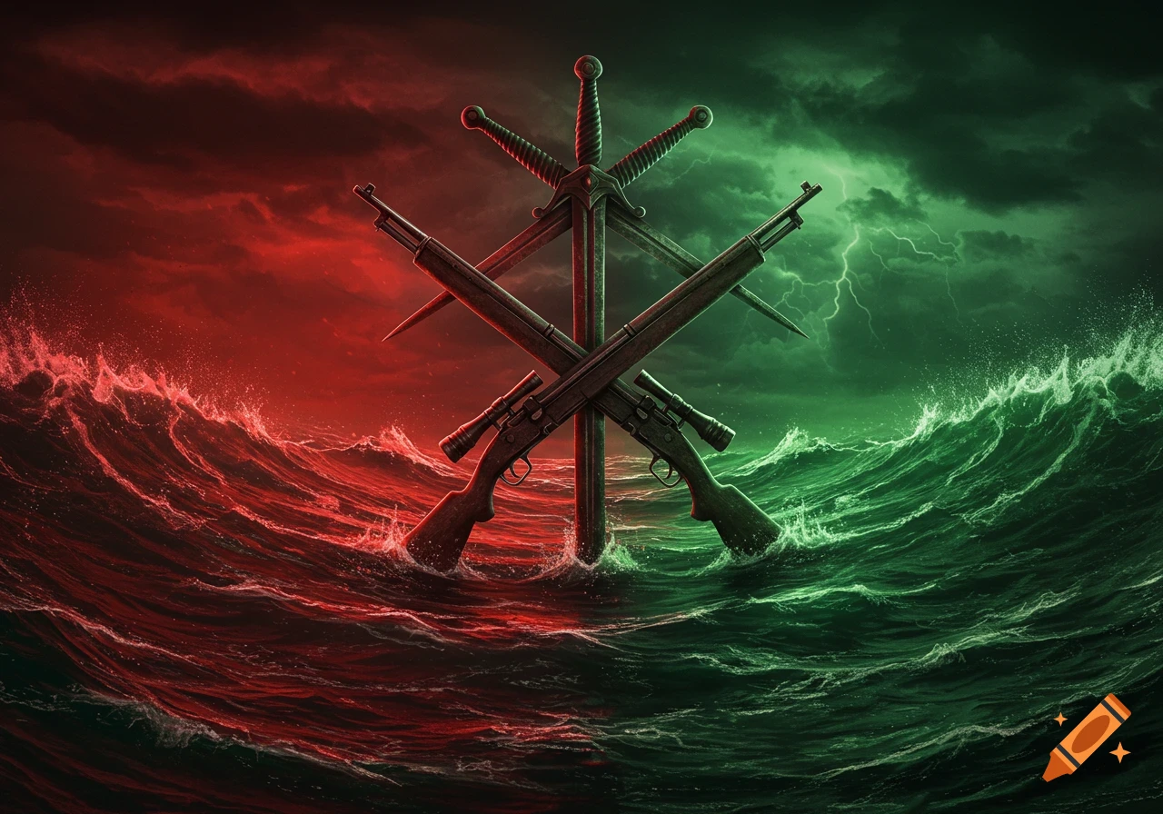 A dramatic illustration of a crossed sword and two rifles in a stormy, divided red and green sea under a lightning-filled sky.