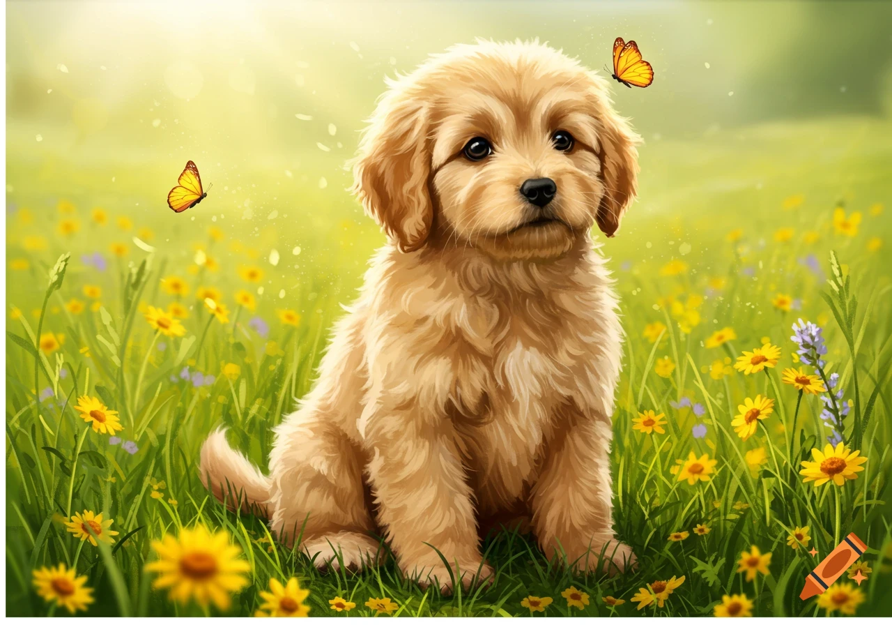 A cute golden retriever puppy sits in a sunny green field filled with yellow flowers and two butterflies fluttering around, illustrated.