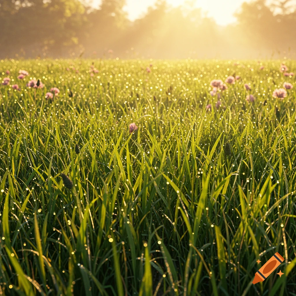 Lush green grass field covered in glistening dew drops, illuminated by warm morning sunlight.
