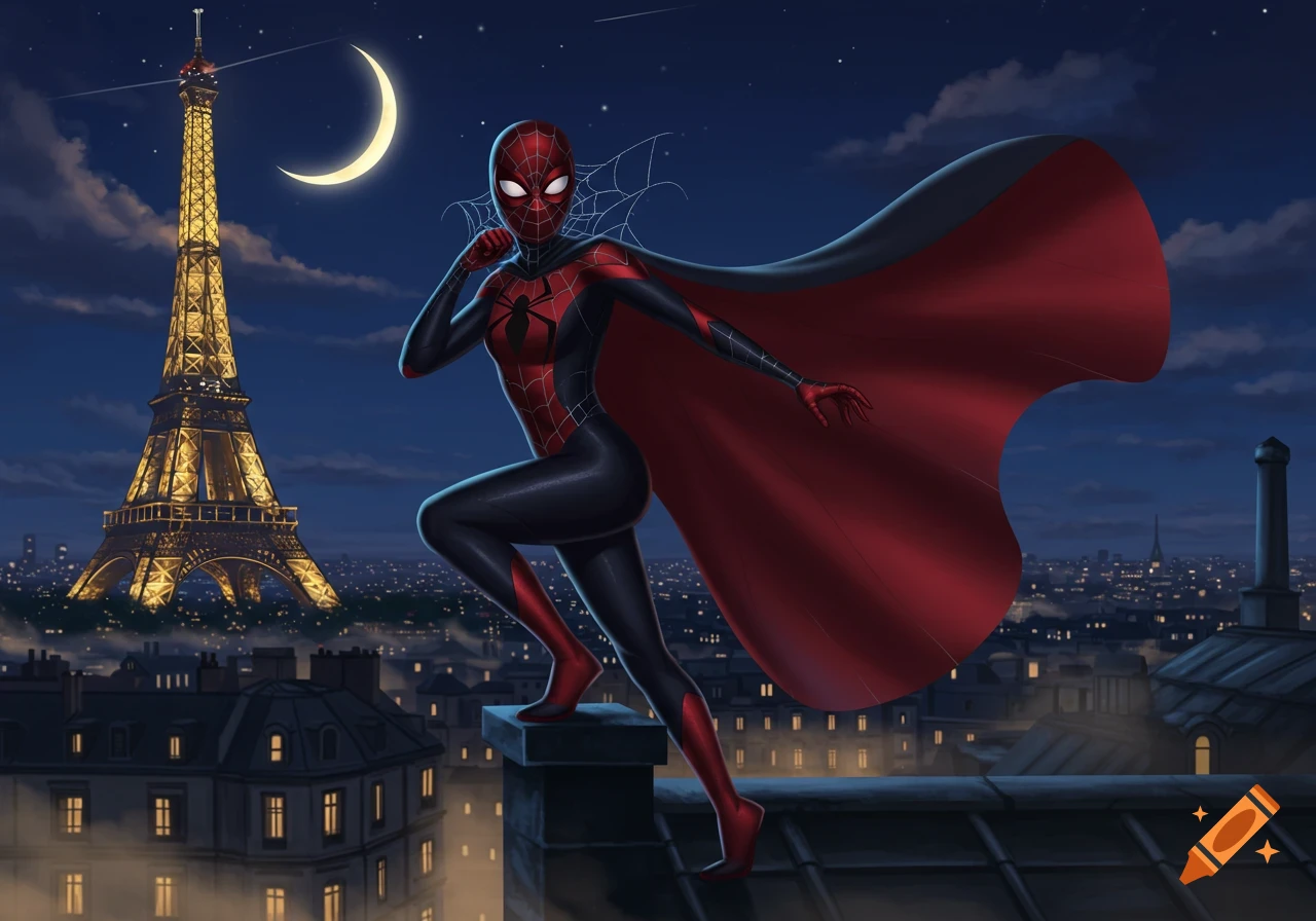 A female superhero in a red and black suit and cape on a Paris rooftop at night, with the Eiffel Tower and crescent moon.