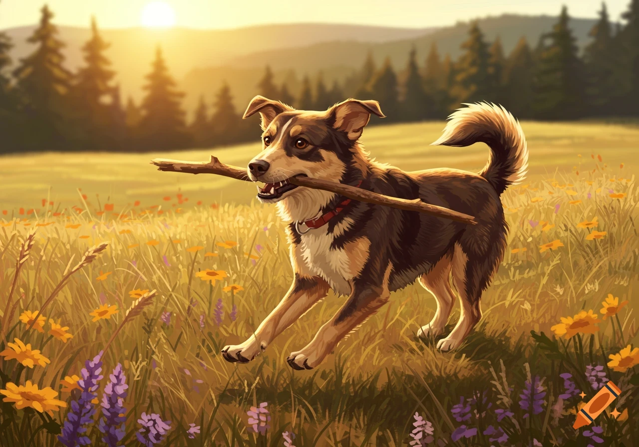 A happy brown and white dog runs through a sunlit field of wildflowers with a stick in its mouth, digital illustration.