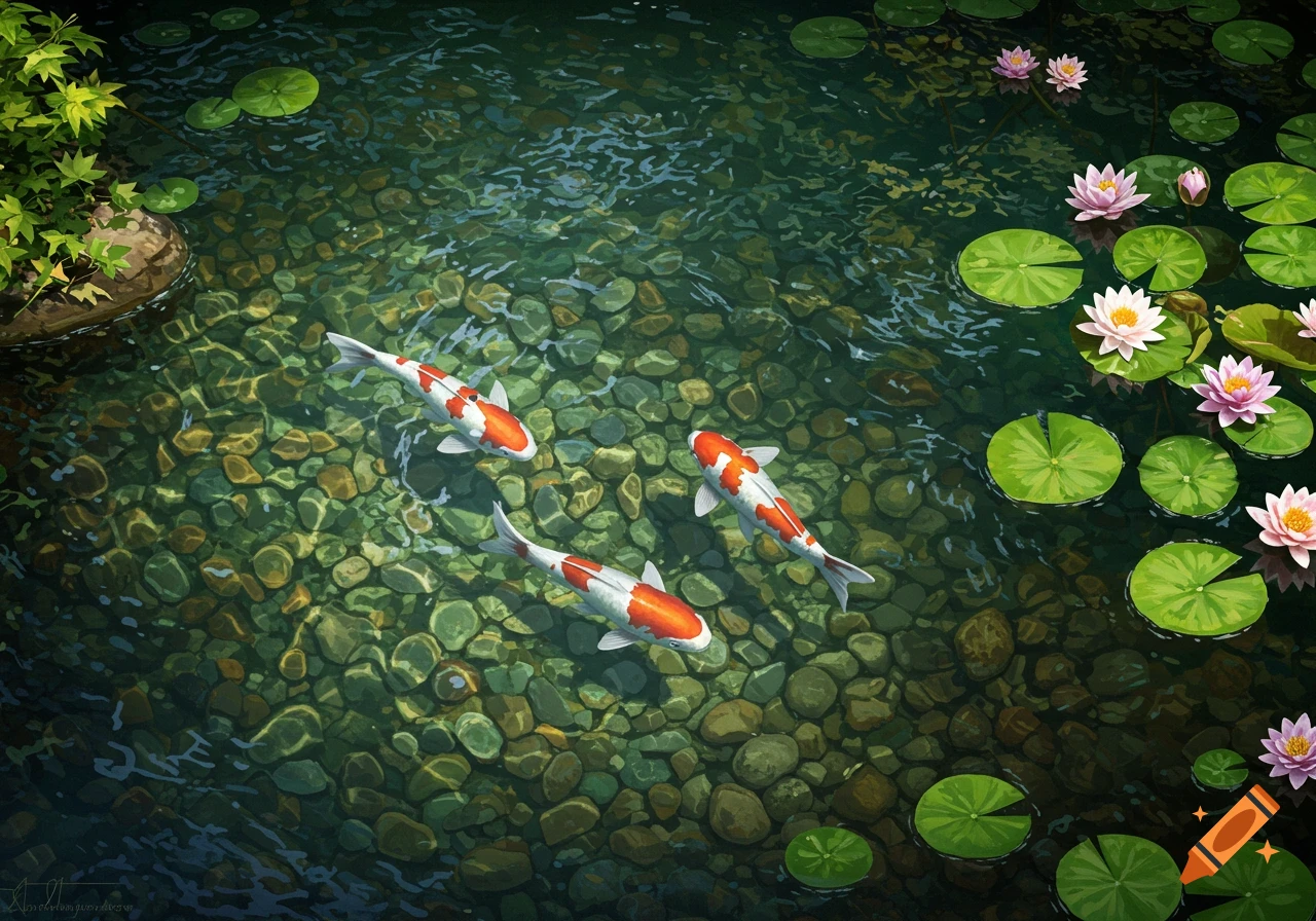 Overhead view of a vibrant koi pond with three orange and white koi fish swimming among green lily pads and pink lotus flowers, stones visible beneath the clear water.