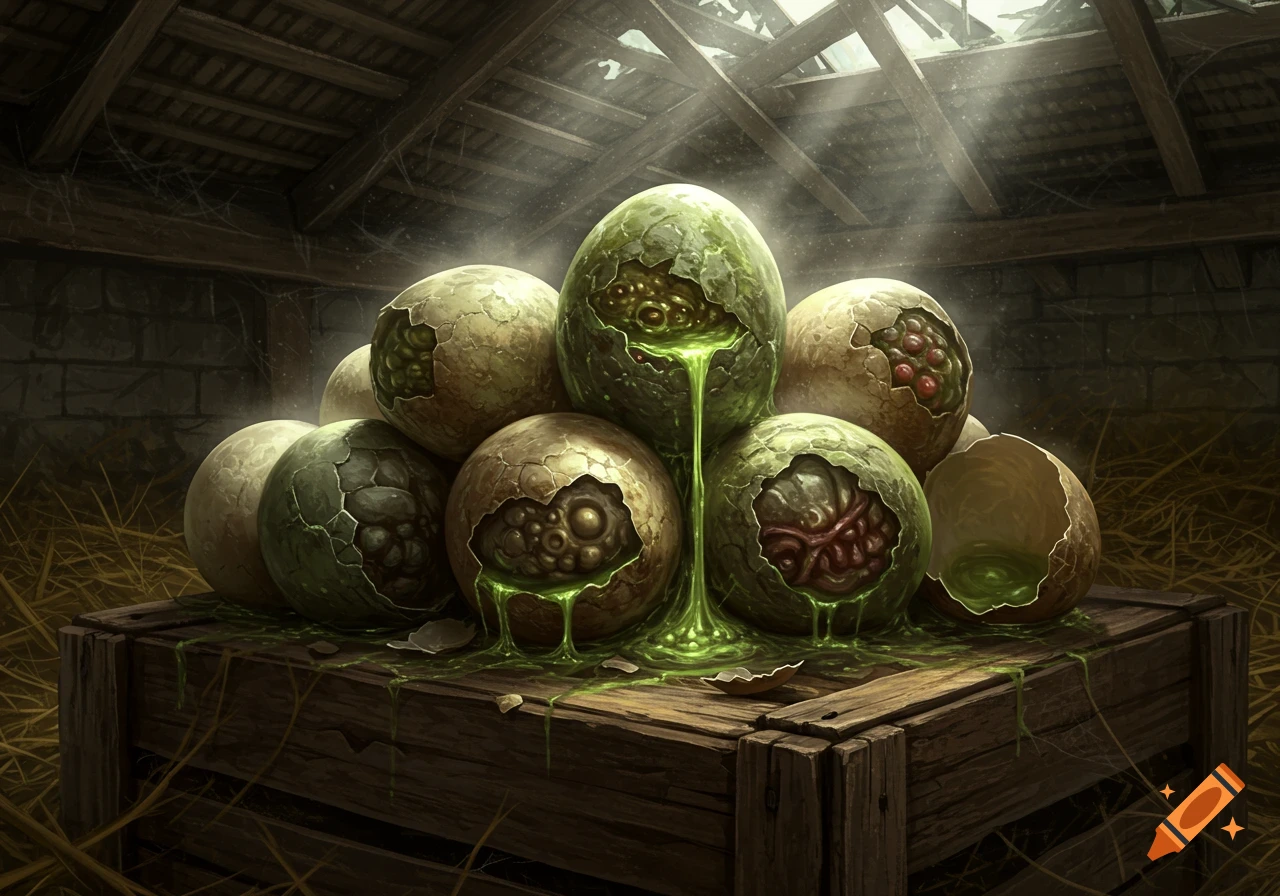 A pile of cracked, glowing green, rotten eggs oozing slime on a wooden crate in a dark, dusty barn, fantasy art style.