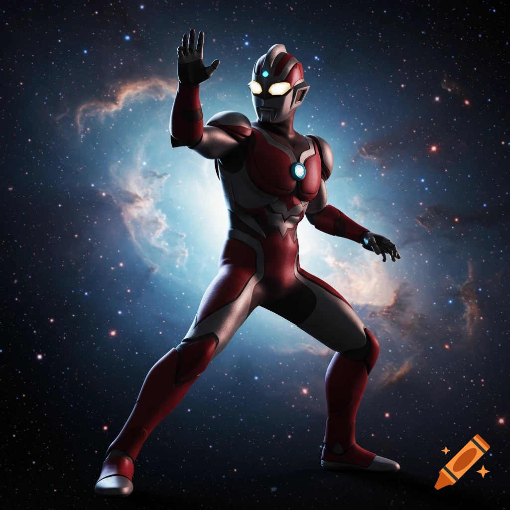 A stylized superhero in a red and silver suit with glowing eyes stands in a dynamic pose against a vibrant nebula and starry space background.