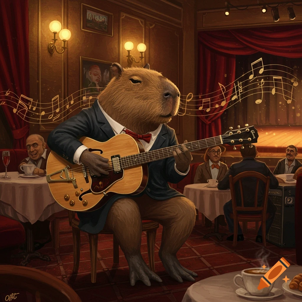 An anthropomorphic capybara in a suit plays a jazz guitar on stage in a dimly lit, elegant cafe filled with patrons.