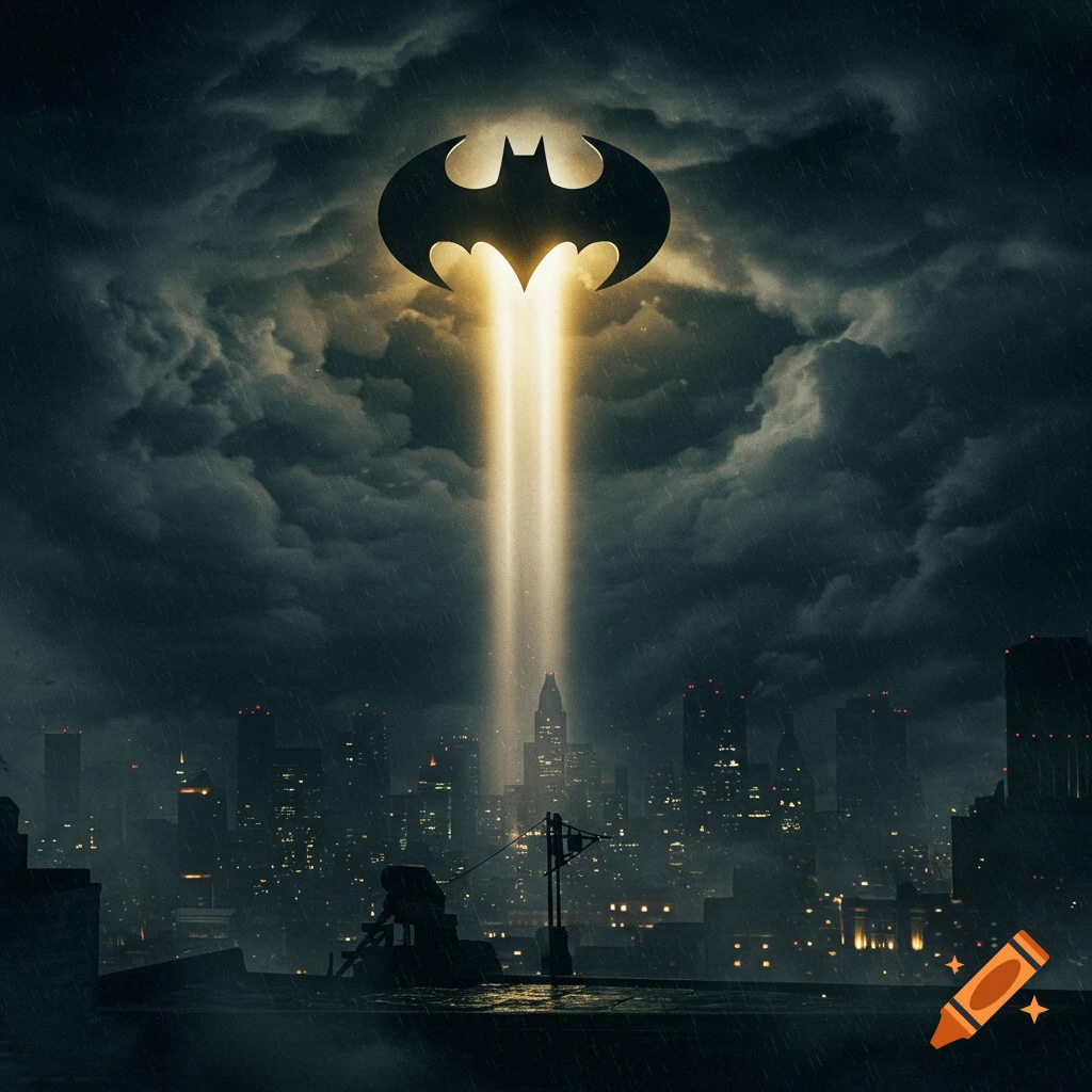 The Batman symbol projected as a light beam onto a dark, cloudy, rainy night sky above a glowing city.