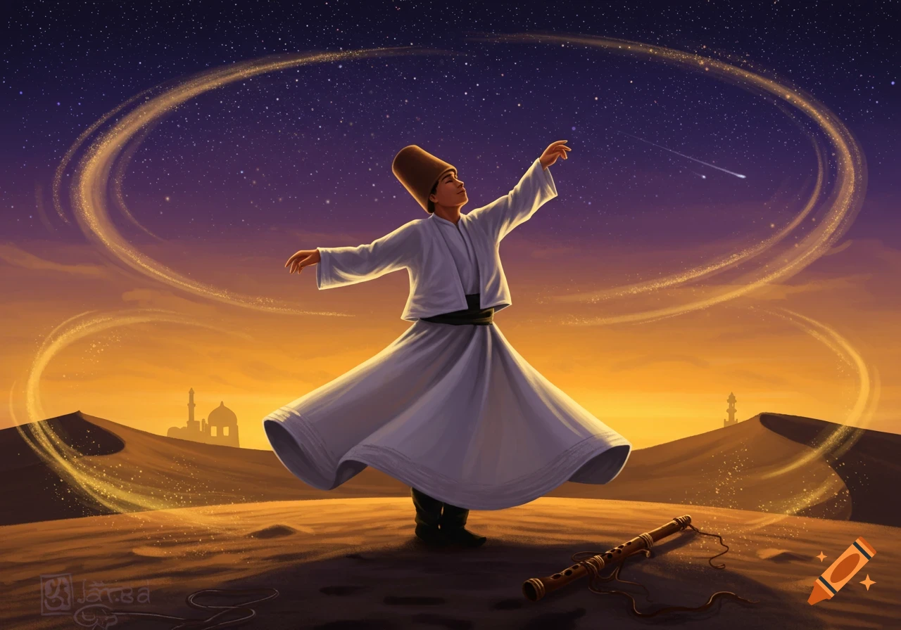 Sufi dancer whirls in white robes in a desert at sunset with a starry, purple sky and glowing trails around him, a flute on the sand.