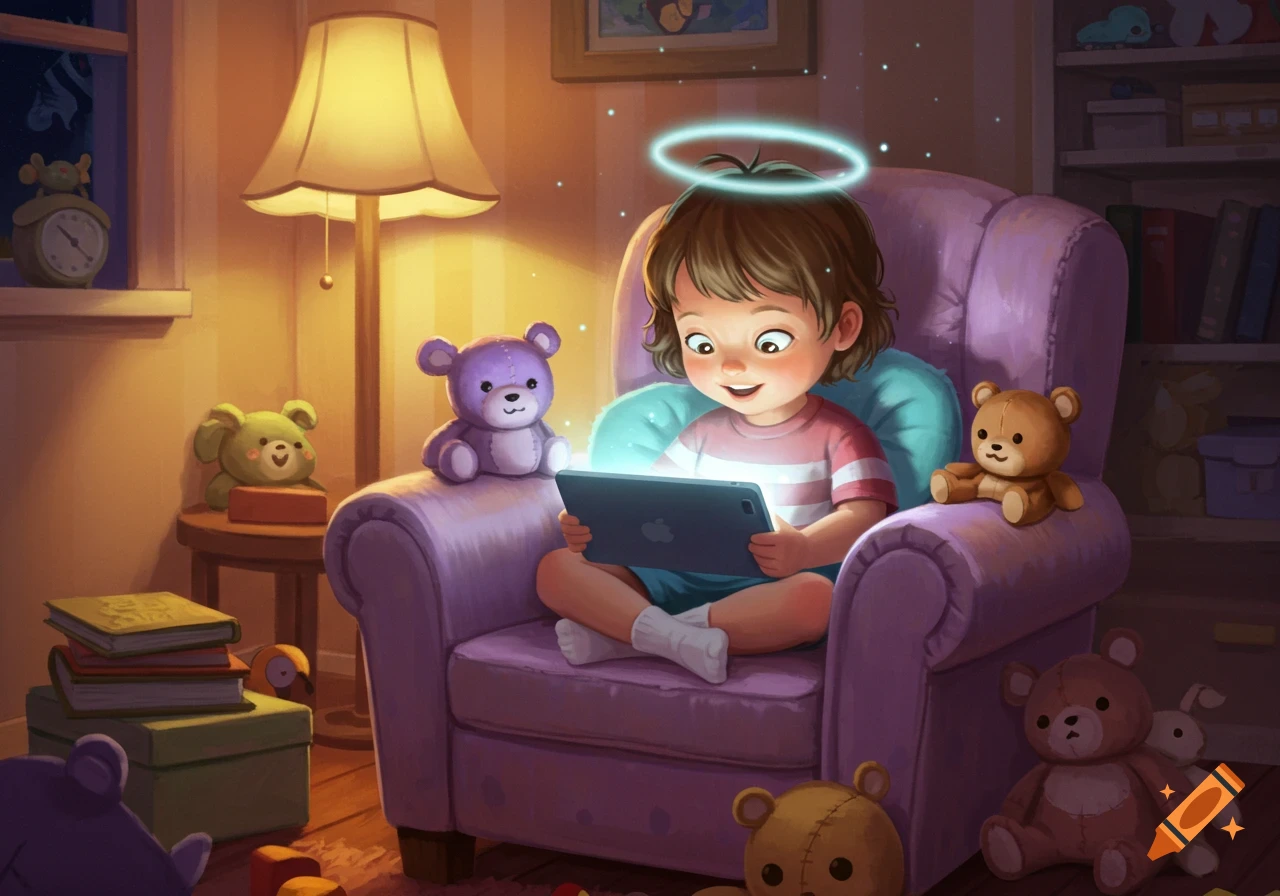 A smiling child with a glowing halo sits in a purple armchair, looking at a tablet amidst teddy bears in a warmly lit, cozy room.
