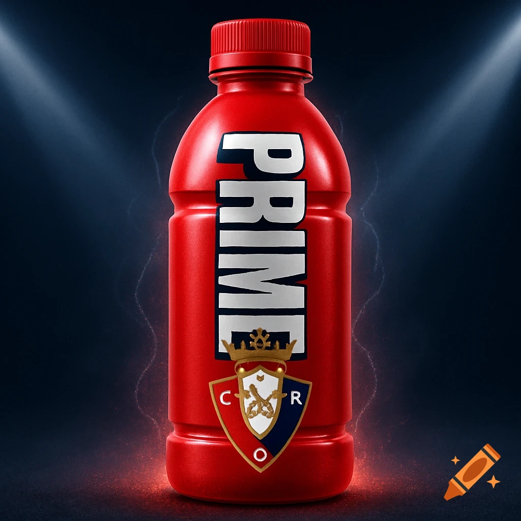 Red Prime sports drink bottle with the CA Osasuna football club logo in a spotlight.