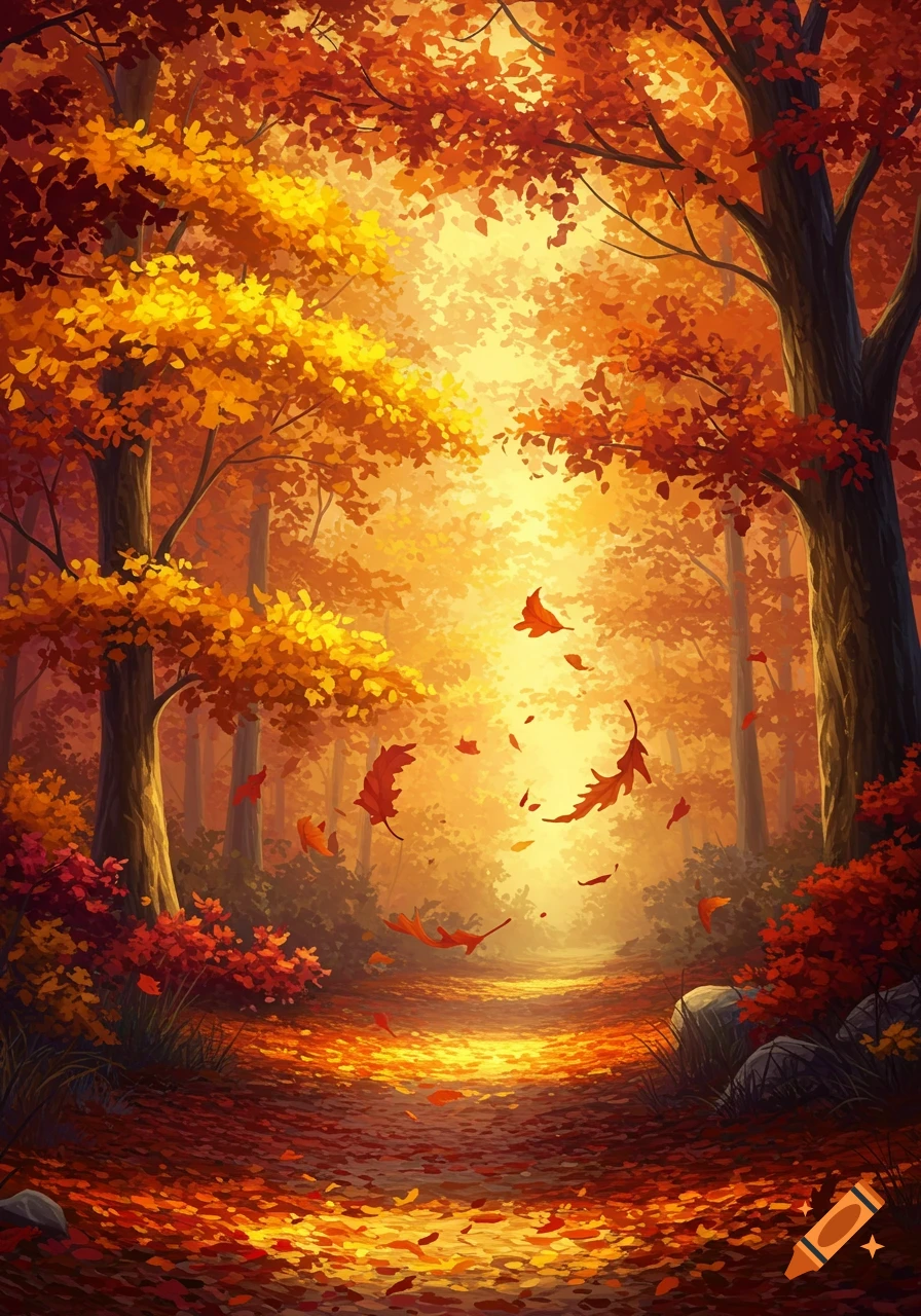 A vibrant autumn forest path with golden and red leaves falling from trees, bathed in warm sunlight.