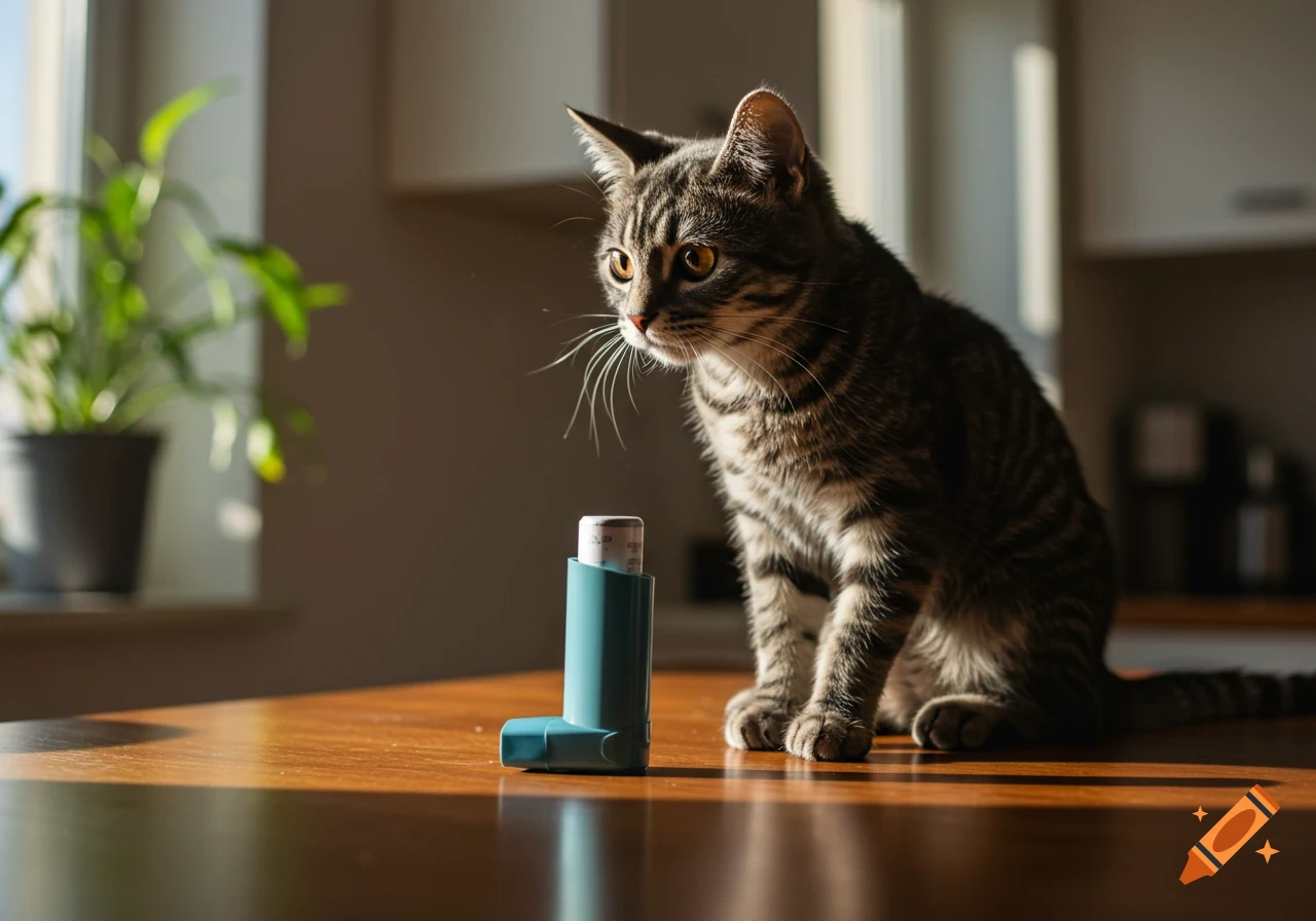 A tabby cat sits on a wooden table, looking at a teal asthma inhaler. Photorealistic.