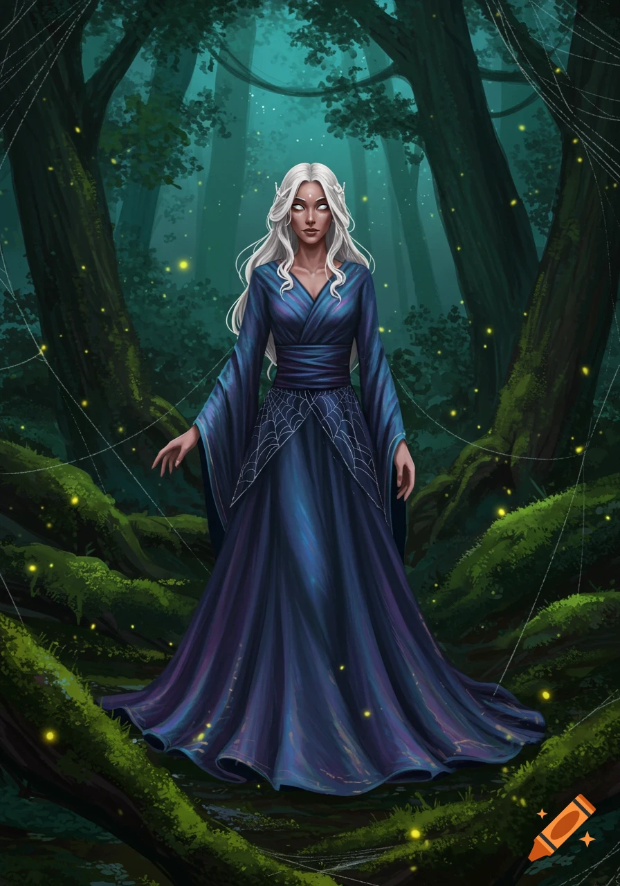 An illustrated pale-skinned woman with long white hair and pointed ears, wearing a blue, spiderweb-patterned dress, stands in a dark, mossy forest with glowing fireflies.