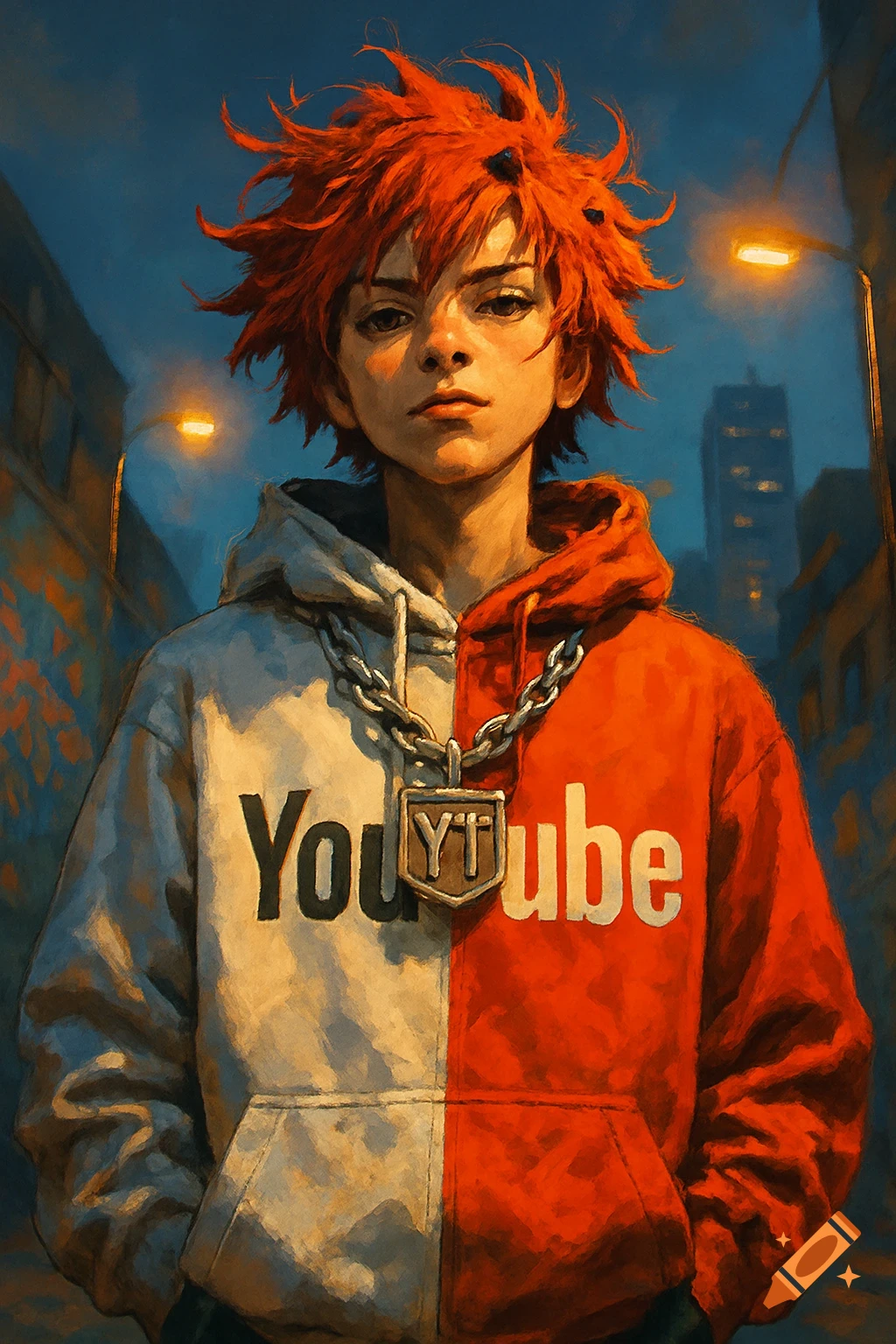 A young person with spiky red hair wears a half-white, half-red 'YouTube' hoodie and a 'YT' chain on a street at dusk in a digital art style.