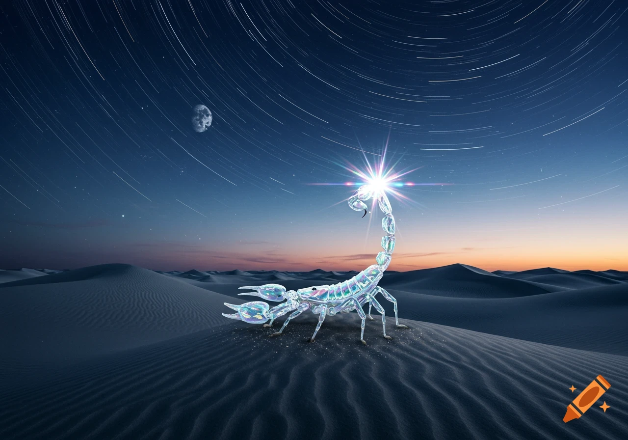 A glowing, crystalline scorpion with a starburst stinger stands on rippled sand dunes under a starry night sky with star trails and a crescent moon.